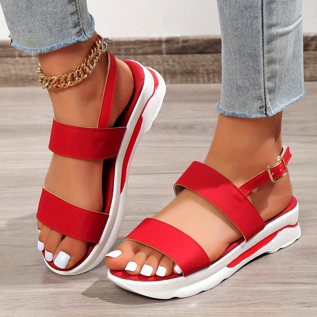 womens platform open toe sandals solid color ankle buckle strap non slip shoes casual outdoor sandals details 9