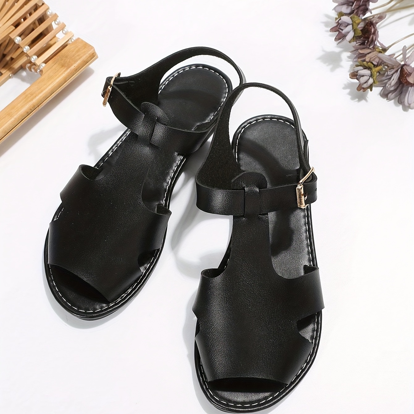 womens peep toe flat sandals solid color buckle strap slingback shoes faux leather summer beach sandals details 4