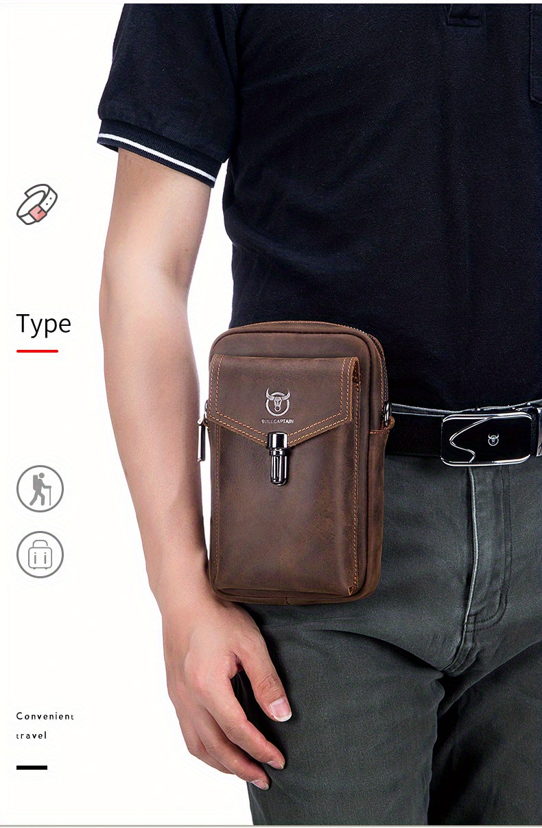 cow captain leather retro crazy horse leather mens mobile phone fanny pack leather fashion one shoulder bag business cow leather wear belt multi function messenger bag small hanging bag details 4