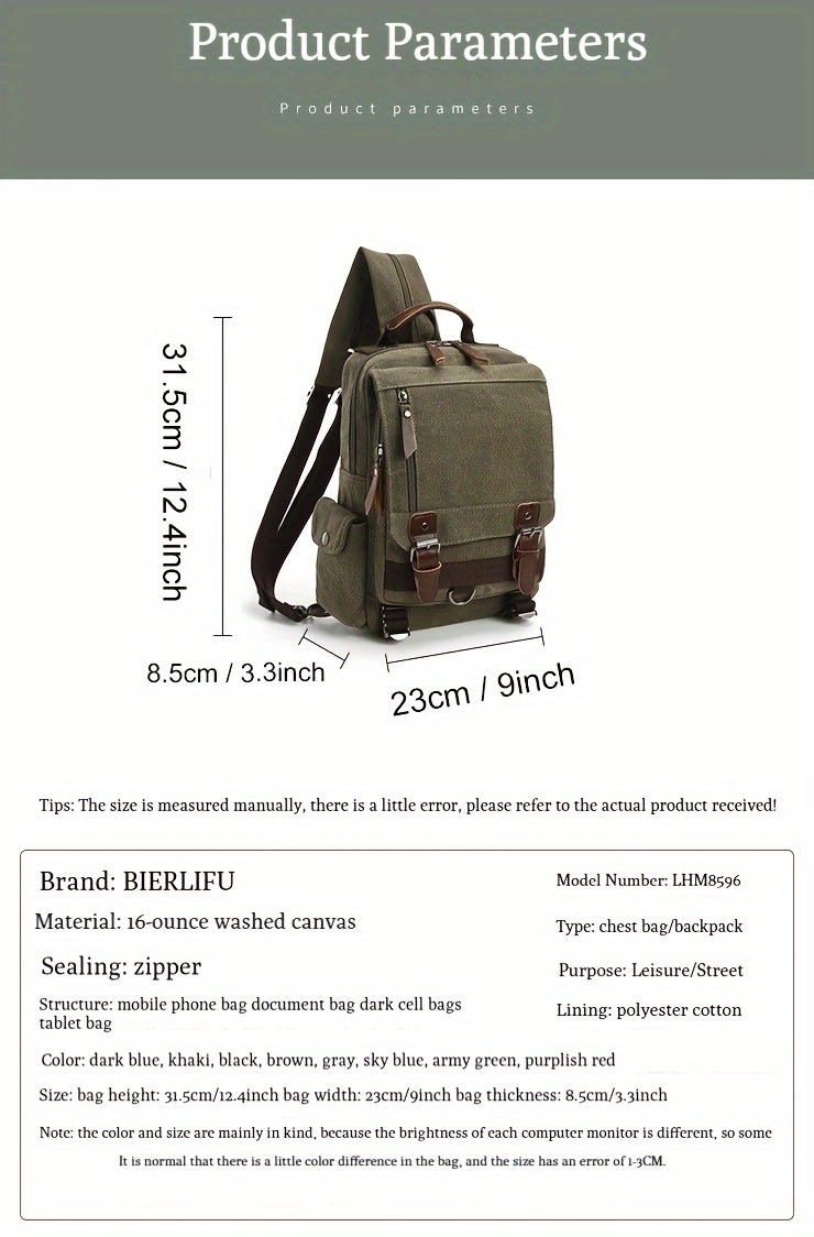 2pcs set mens fashion canvas bag outdoor travel large capacity sling bag and card holder set details 1