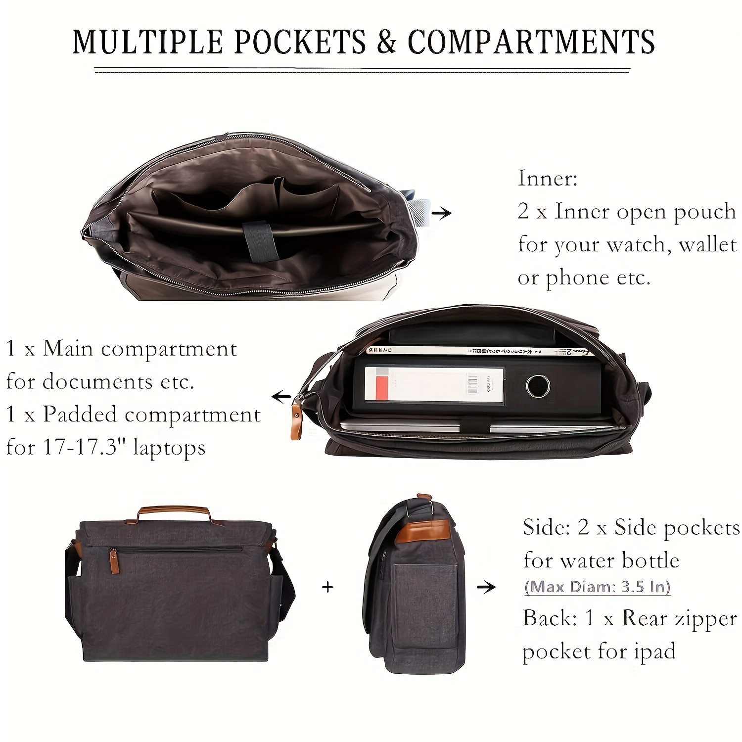 mens messenger bag 17in waterproof vintage canvas large capacity crossbody shoulder bag briefcase laptop bag details 4