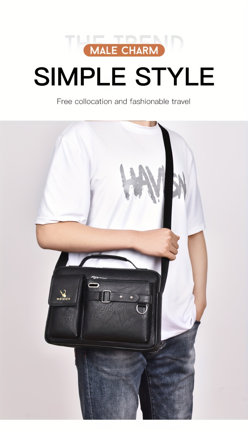 1 2pcs mens business adjustable strap sling bag casual pu leather shoulder messenger bag details 1