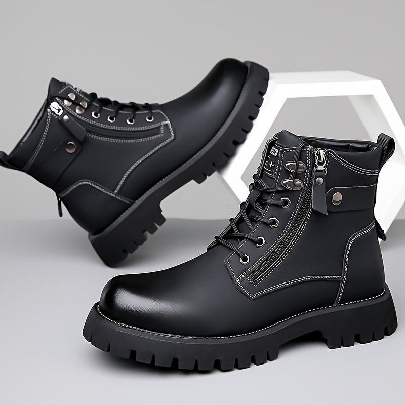 mens trendy solid high top boots with side zipper comfy non slip durable casual shoes for mens outdoor activities details 2