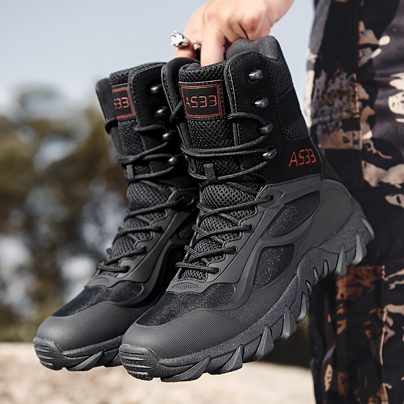 mens solid high top military tactical work boots non slip comfy durable boots for outdoor hiking trekking mountaineering activities details 9