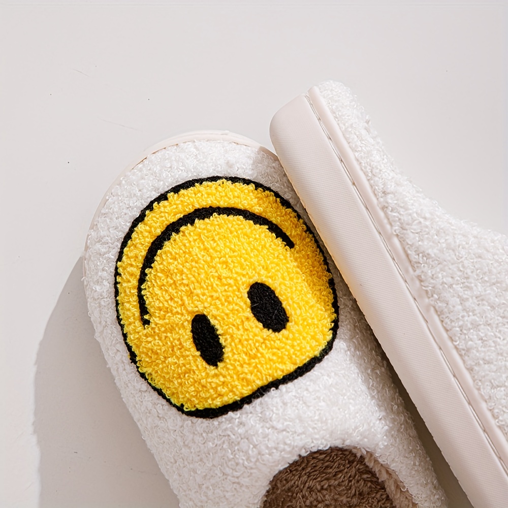 shoes, smiling face design soft plush cozy house slippers anti skid slip on shoes indoor for men and women winter shoes details 0