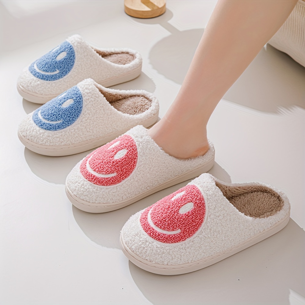 shoes, smiling face design soft plush cozy house slippers anti skid slip on shoes indoor for men and women winter shoes details 2