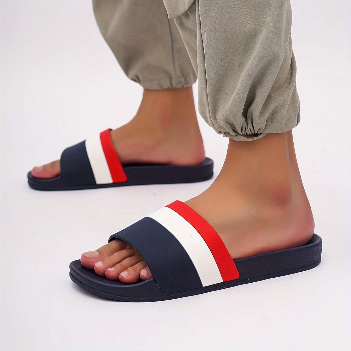 mens trendy striped open toe slides breathable anti skid quick drying summer beach slides for indoor outdoor walking details 2