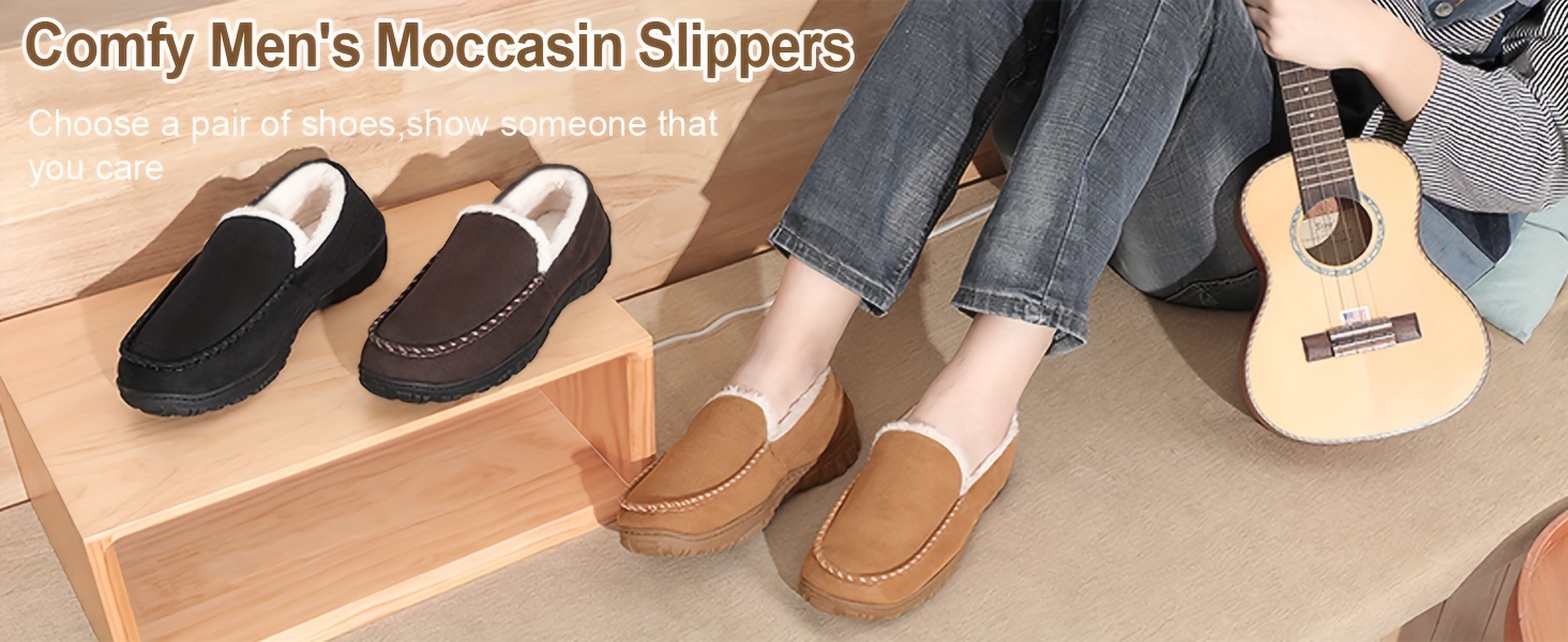 moccasins slippers for men soft memory foam bedroom house shoes fleece warm non slip indoor outdoor slippers details 2