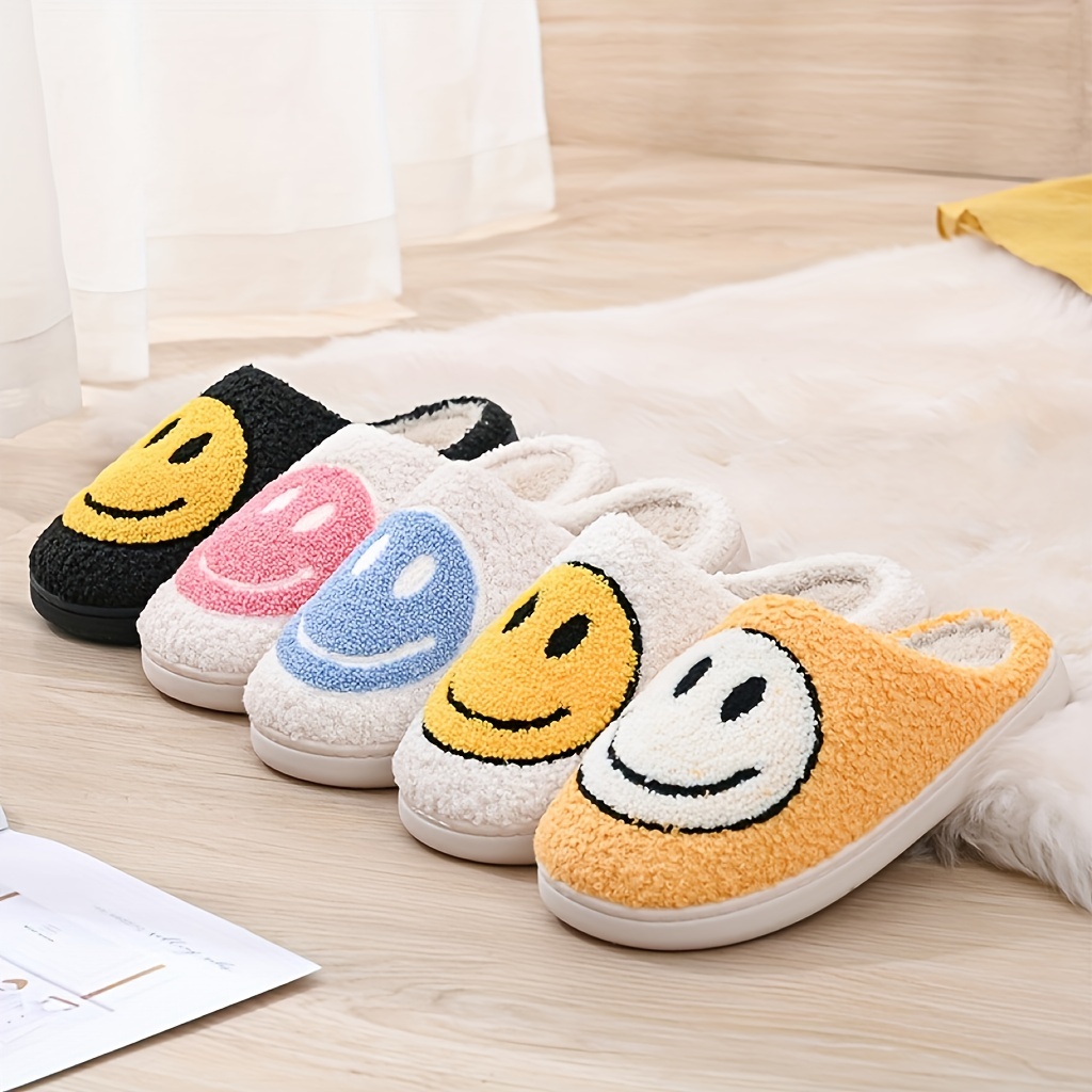 shoes, smiling face home slippers soft plush cozy house slippers anti skid slip on shoes indoor for men winter shoes details 0