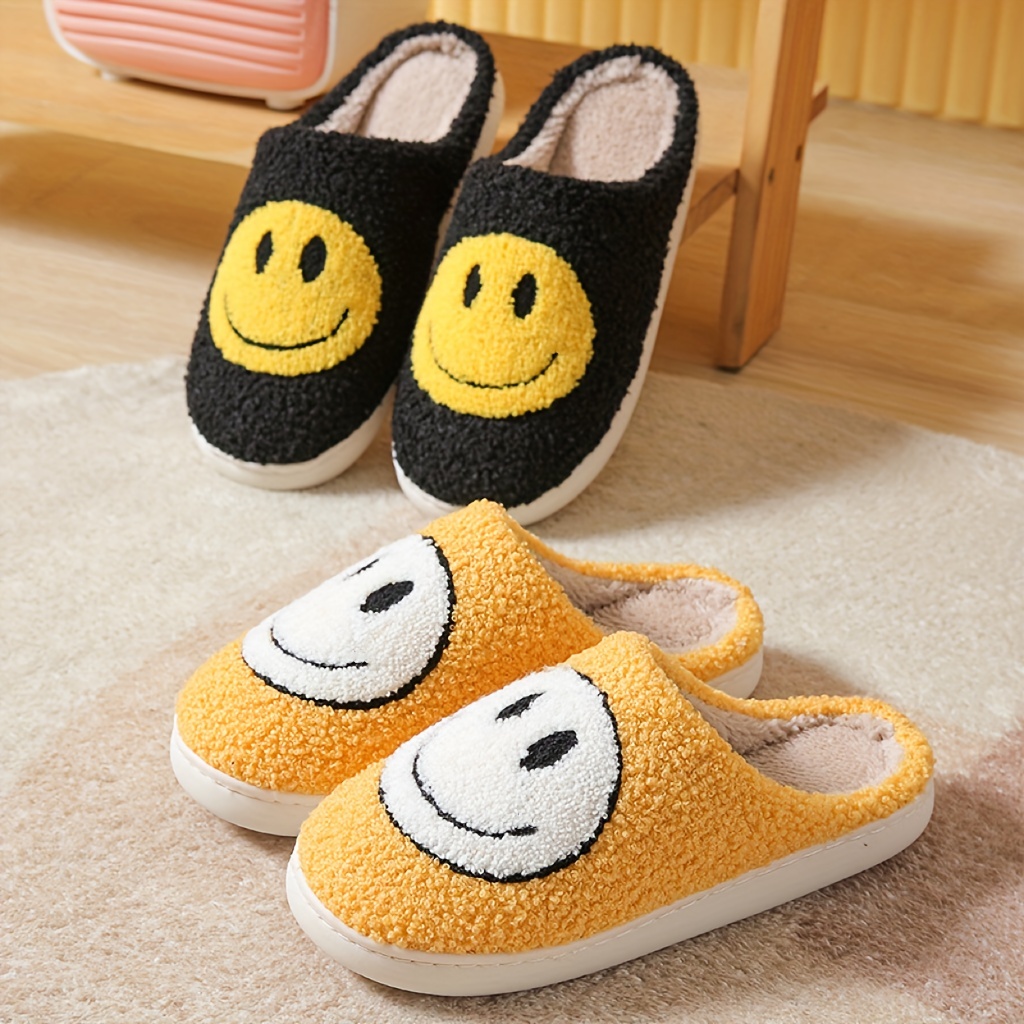 shoes, smiling face home slippers soft plush cozy house slippers anti skid slip on shoes indoor for men winter shoes details 1