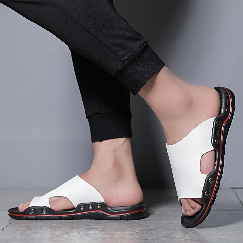 mens plus size fashion slip on sandals outdoor open toe anti skid rubber sole summer beach slides with pu leather uppers for outdoor walking details 0