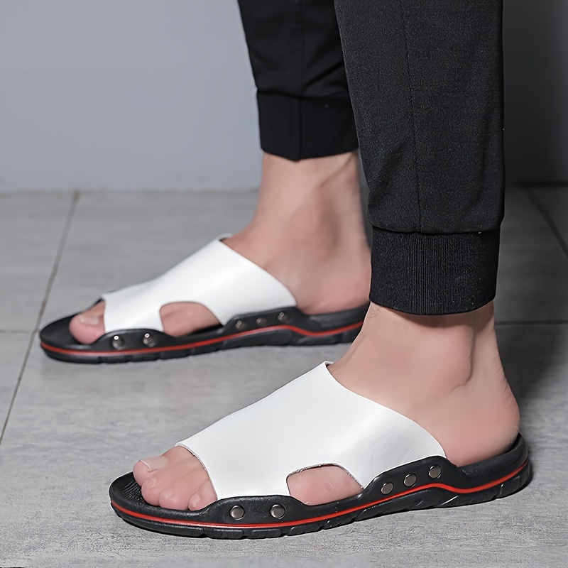 mens plus size fashion slip on sandals outdoor open toe anti skid rubber sole summer beach slides with pu leather uppers for outdoor walking details 3