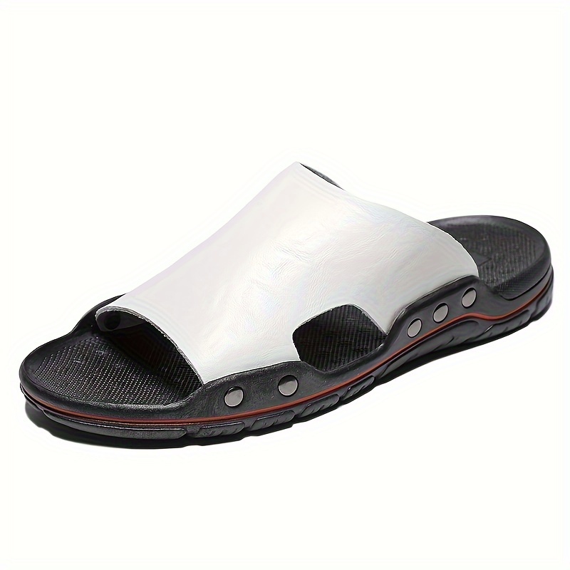 mens plus size fashion slip on sandals outdoor open toe anti skid rubber sole summer beach slides with pu leather uppers for outdoor walking details 5