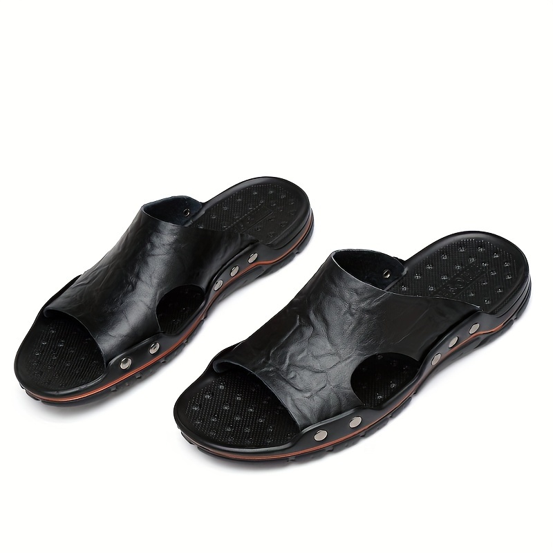 mens plus size fashion slip on sandals outdoor open toe anti skid rubber sole summer beach slides with pu leather uppers for outdoor walking details 13