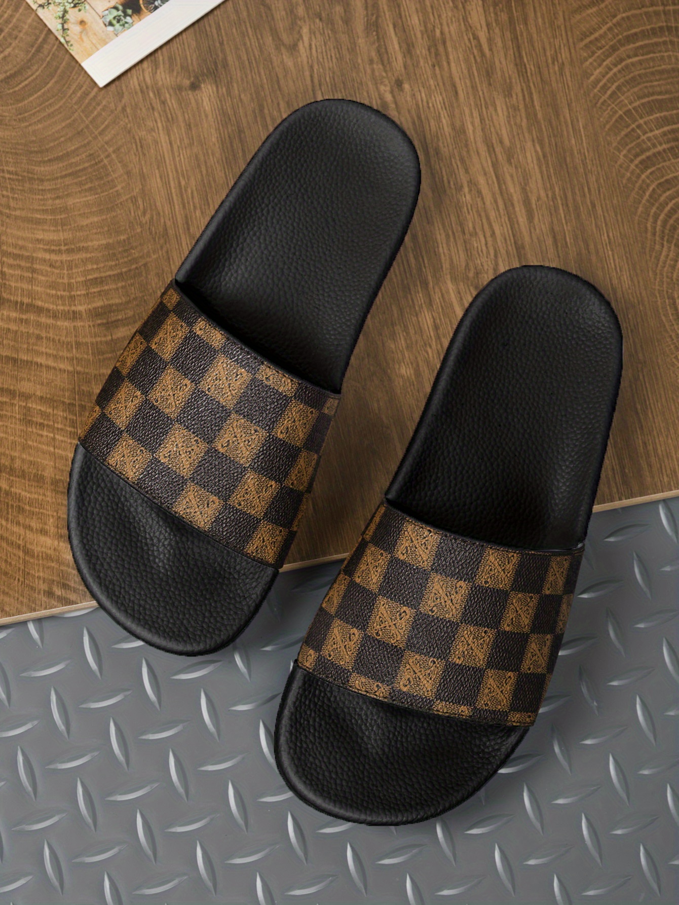 mens checkered design slides casual non slip slippers open toe shoes for indoor outdoor beach shower spring and summer details 1