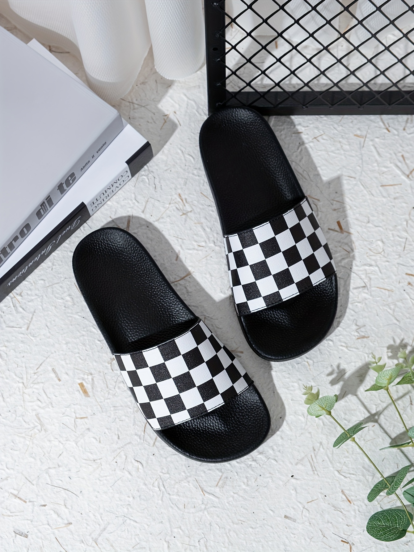 mens checkered design slides casual non slip slippers open toe shoes for indoor outdoor beach shower spring and summer details 3