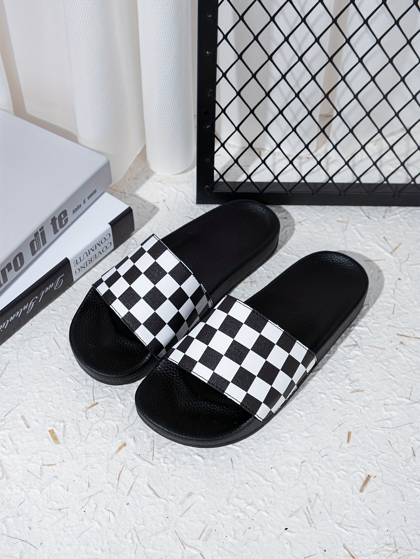 mens checkered design slides casual non slip slippers open toe shoes for indoor outdoor beach shower spring and summer details 4