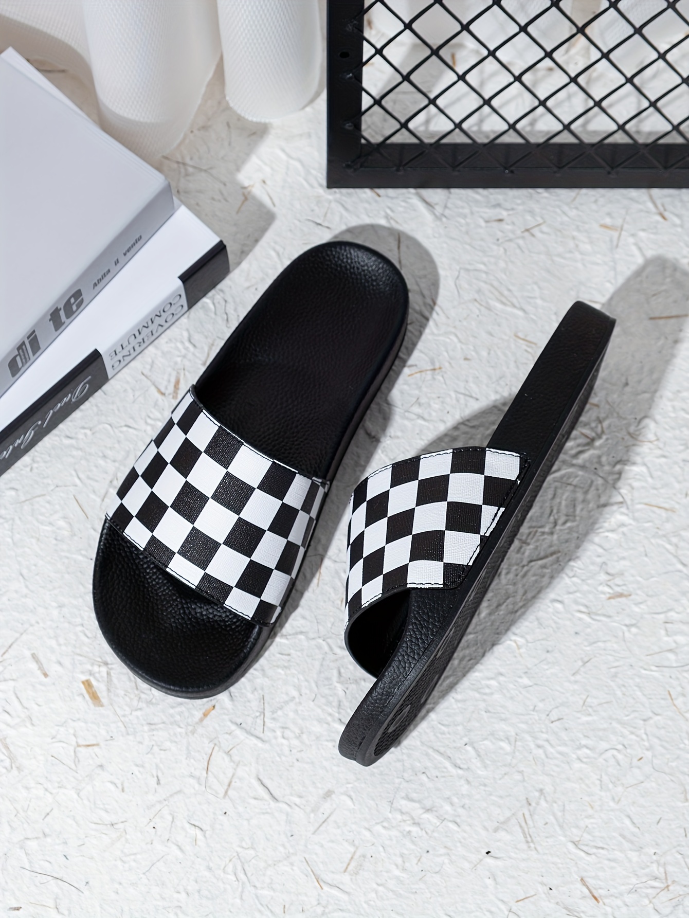 mens checkered design slides casual non slip slippers open toe shoes for indoor outdoor beach shower spring and summer details 5