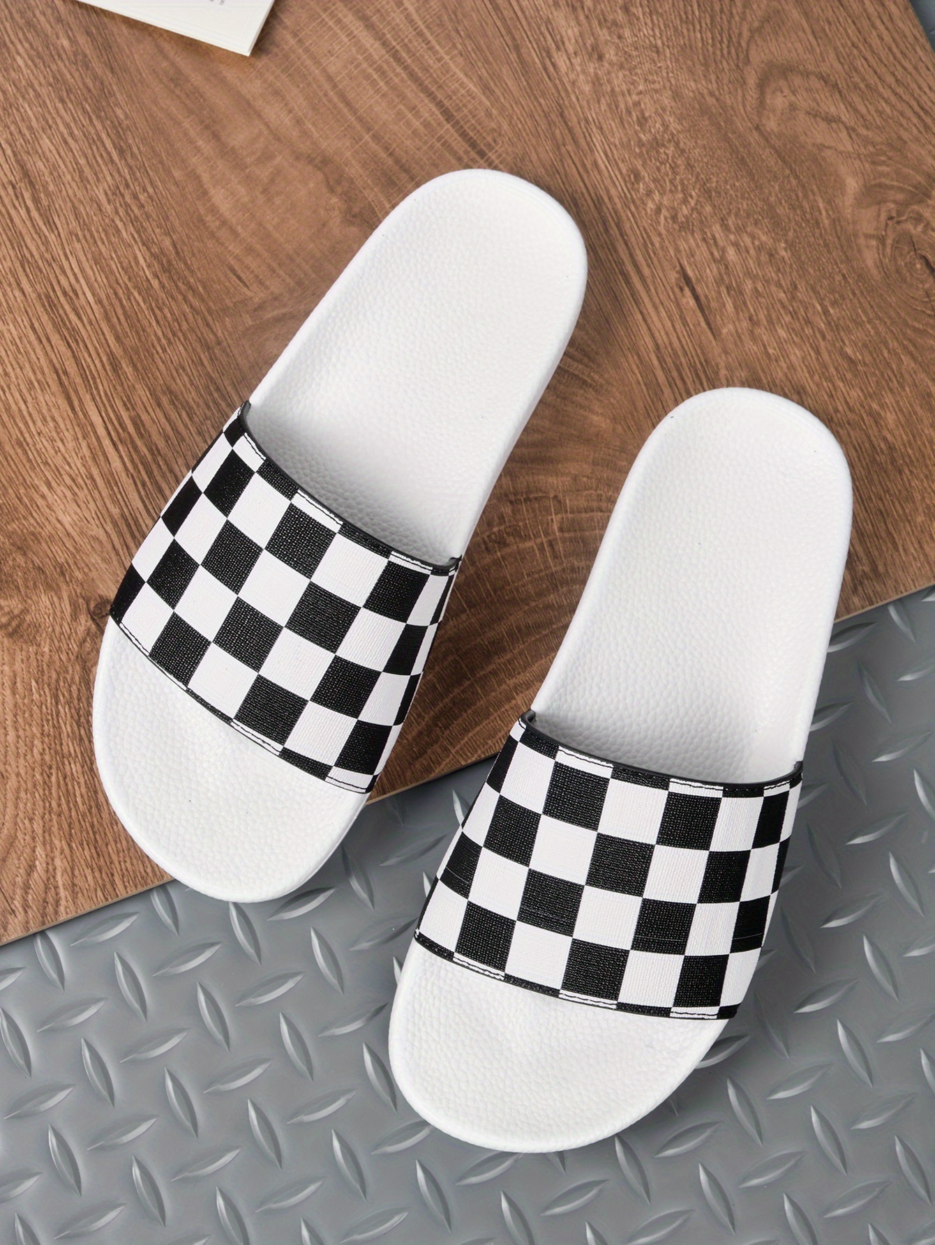 mens checkered design slides casual non slip slippers open toe shoes for indoor outdoor beach shower spring and summer details 6