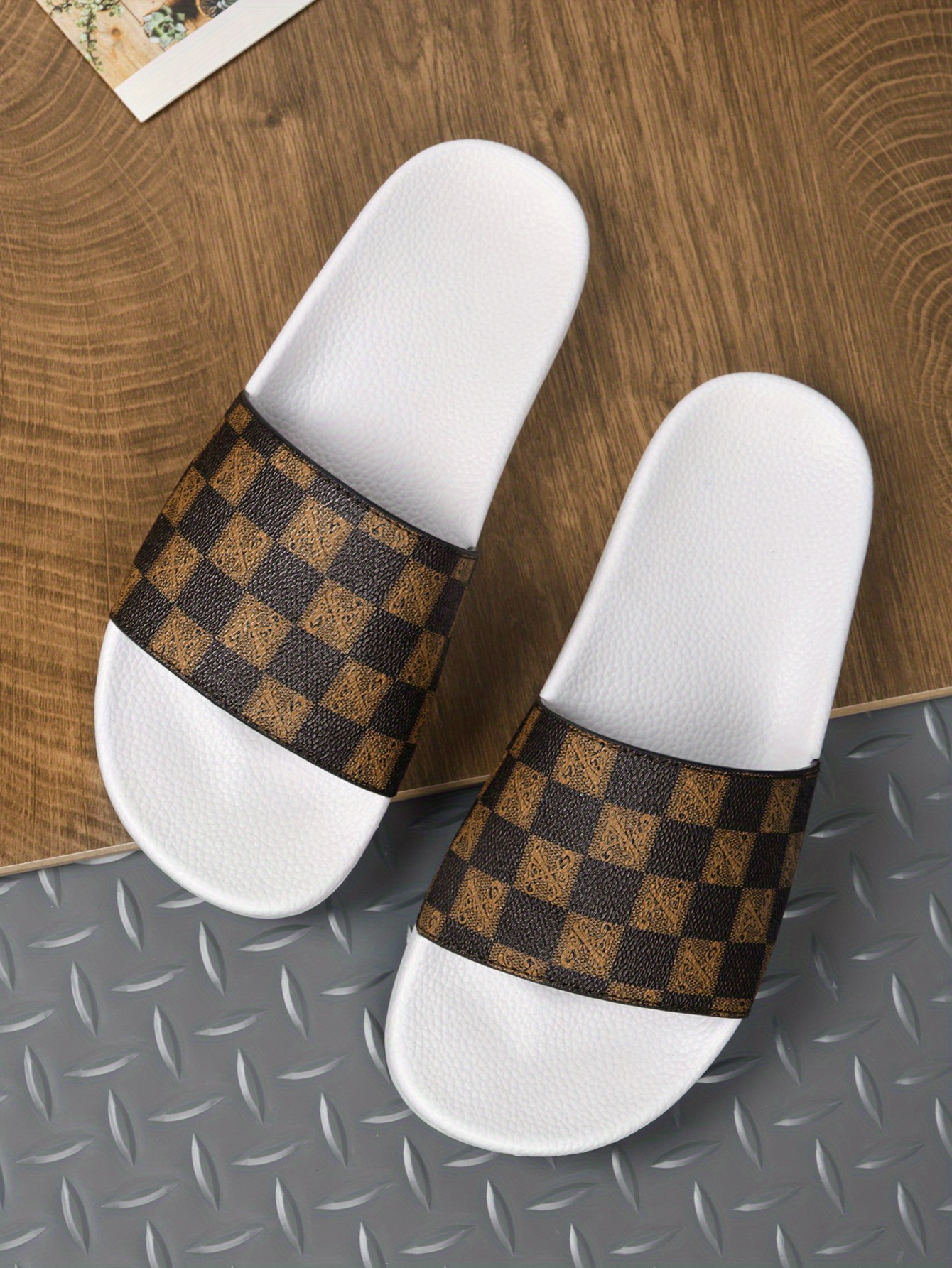 mens checkered design slides casual non slip slippers open toe shoes for indoor outdoor beach shower spring and summer details 12