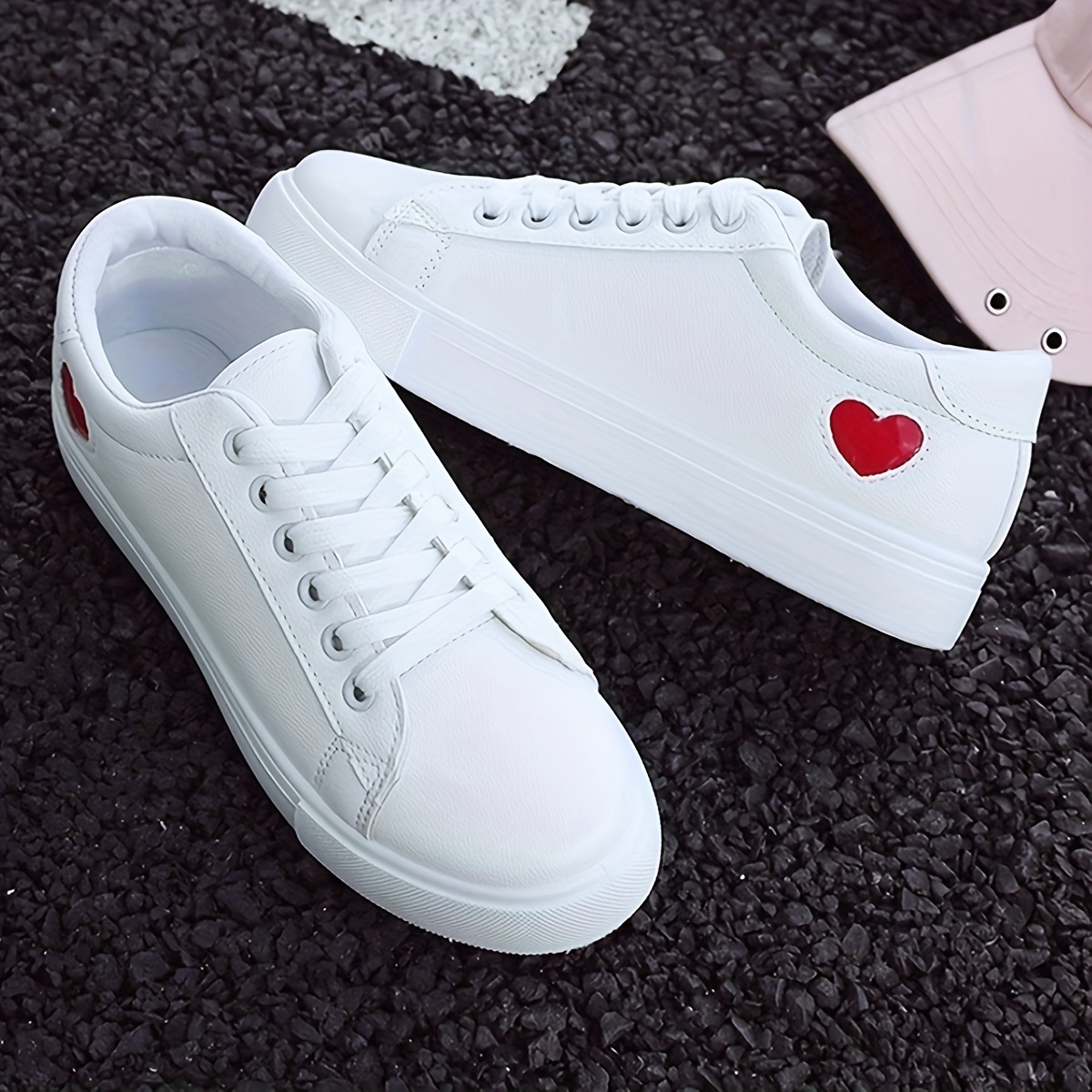 womens heart print casual sneakers lace up low top round toe non slip white shoes versatile outdoor casual shoes details 1