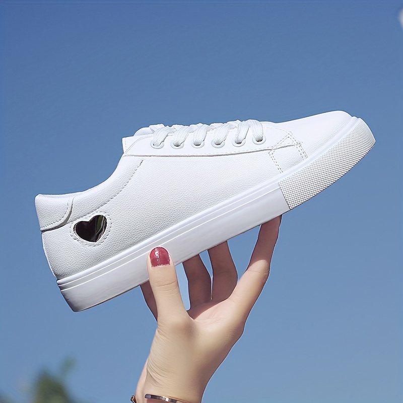 womens heart print casual sneakers lace up low top round toe non slip white shoes versatile outdoor casual shoes details 2