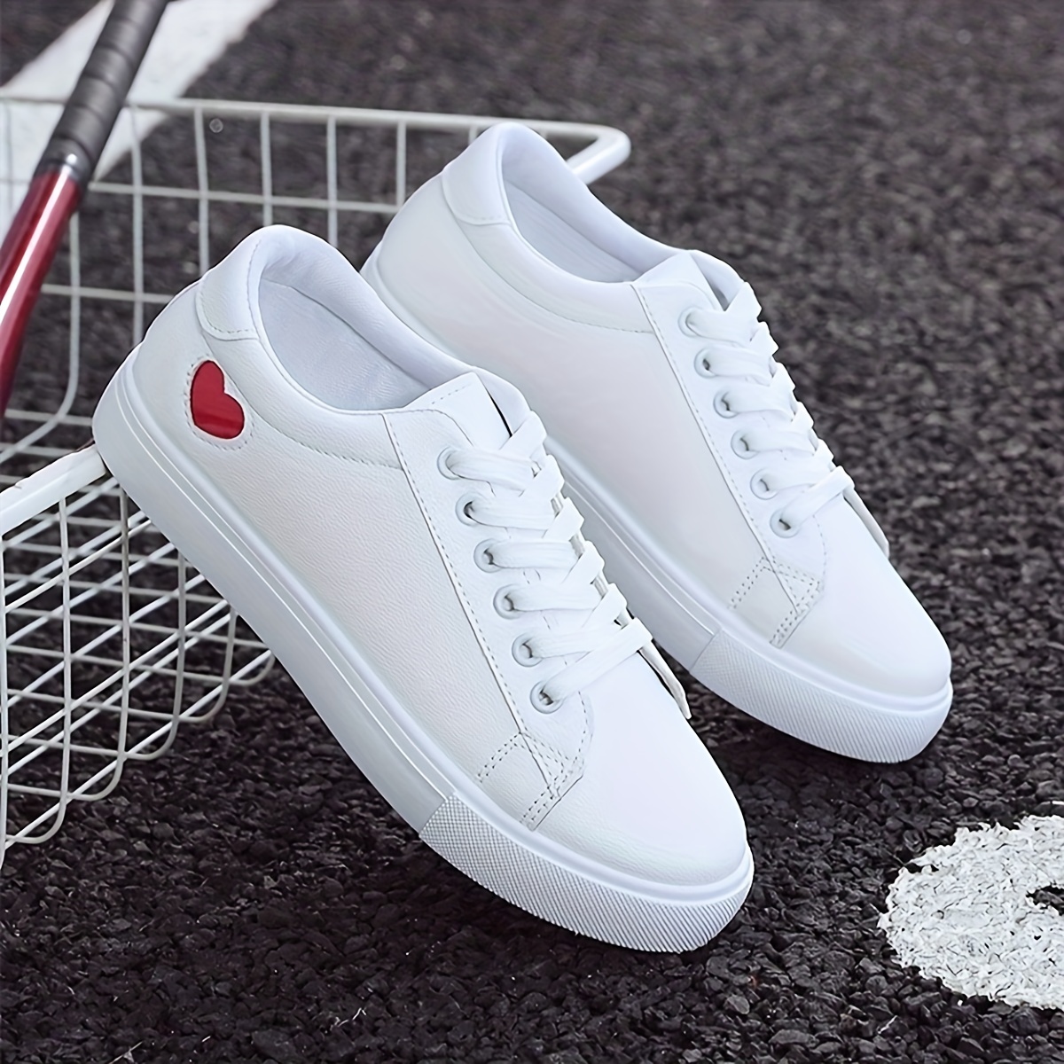 womens heart print casual sneakers lace up low top round toe non slip white shoes versatile outdoor casual shoes details 5