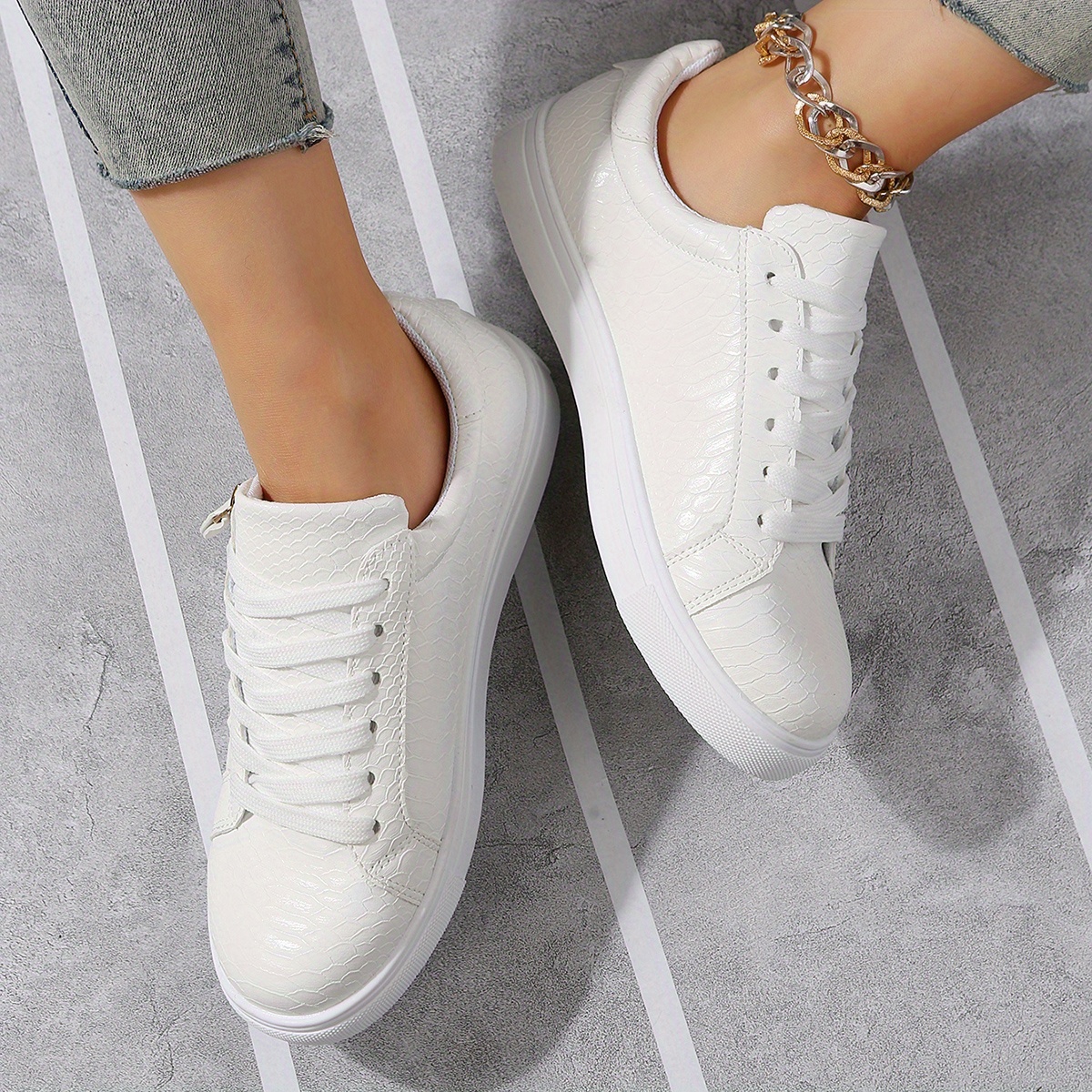 womens flat skate shoes versatile round toe lace up side zipper sneakers casual low top flat shoes details 6