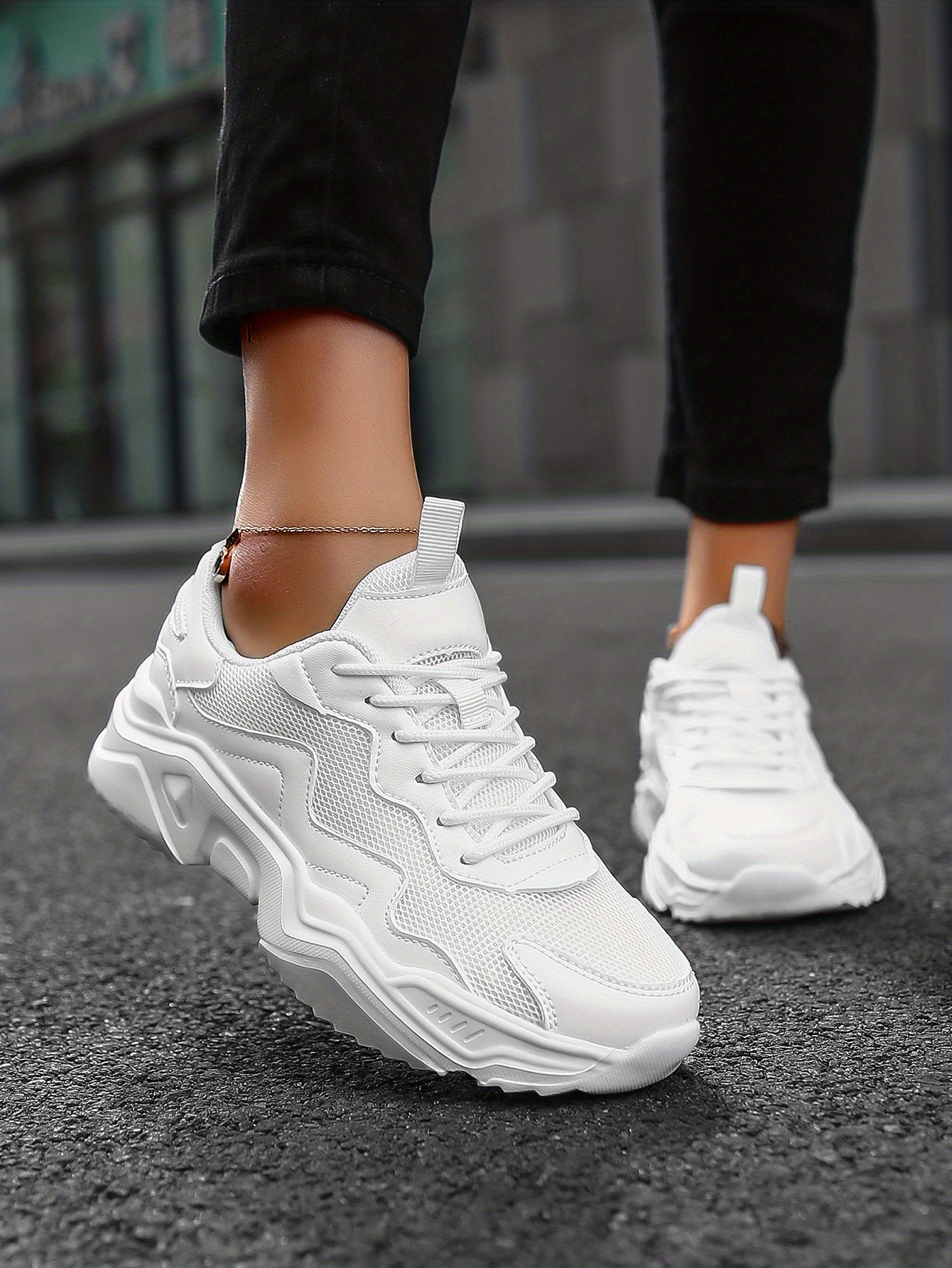 womens white breathable mesh sneakers comfortable low top lace up shoes womens casual walking shoes details 3