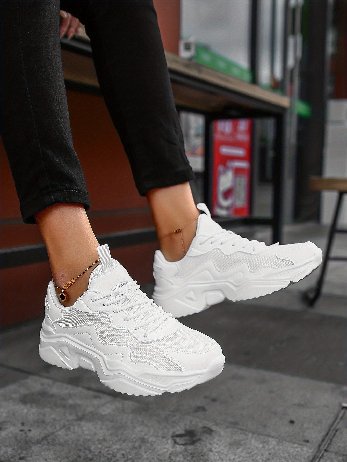 womens white breathable mesh sneakers comfortable low top lace up shoes womens casual walking shoes details 7