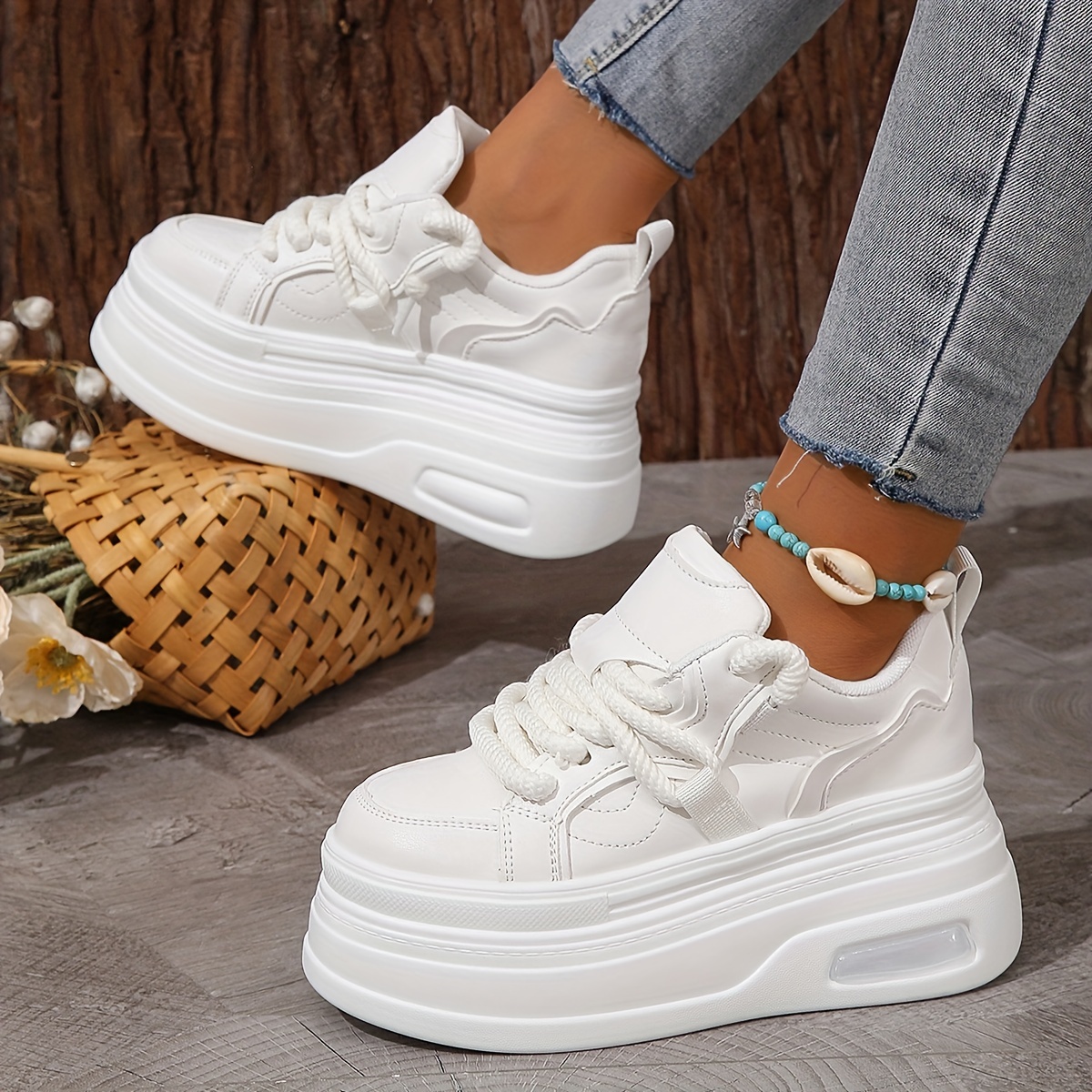 womens trendy platform sneakers heightening lace up low top skate shoes stylish air cushion wedge trainers details 0