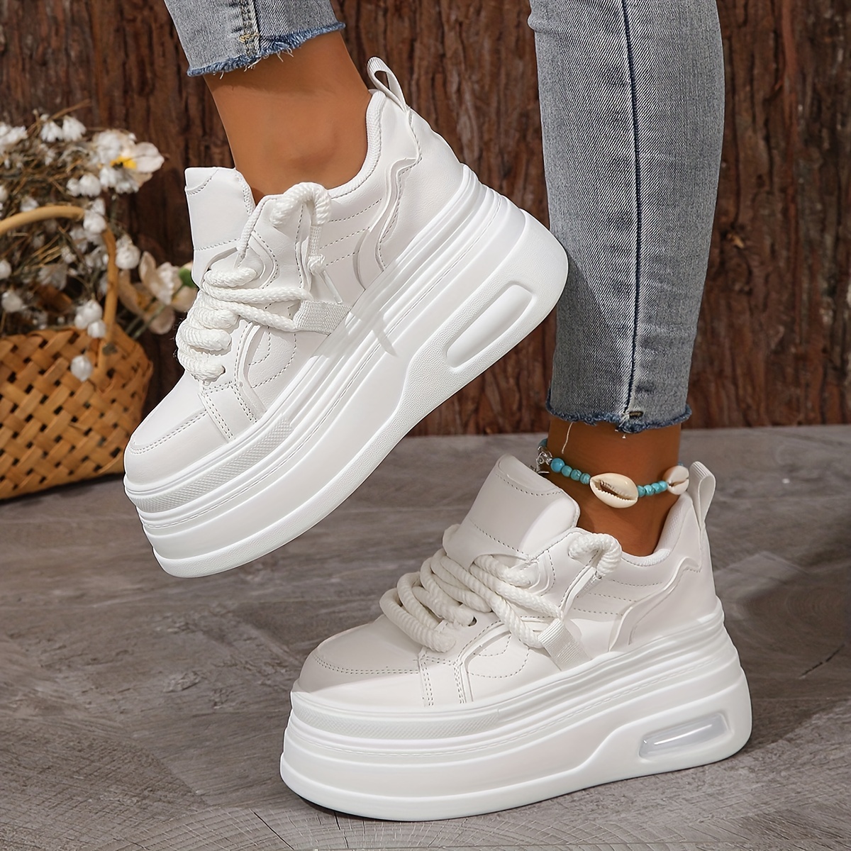 womens trendy platform sneakers heightening lace up low top skate shoes stylish air cushion wedge trainers details 1