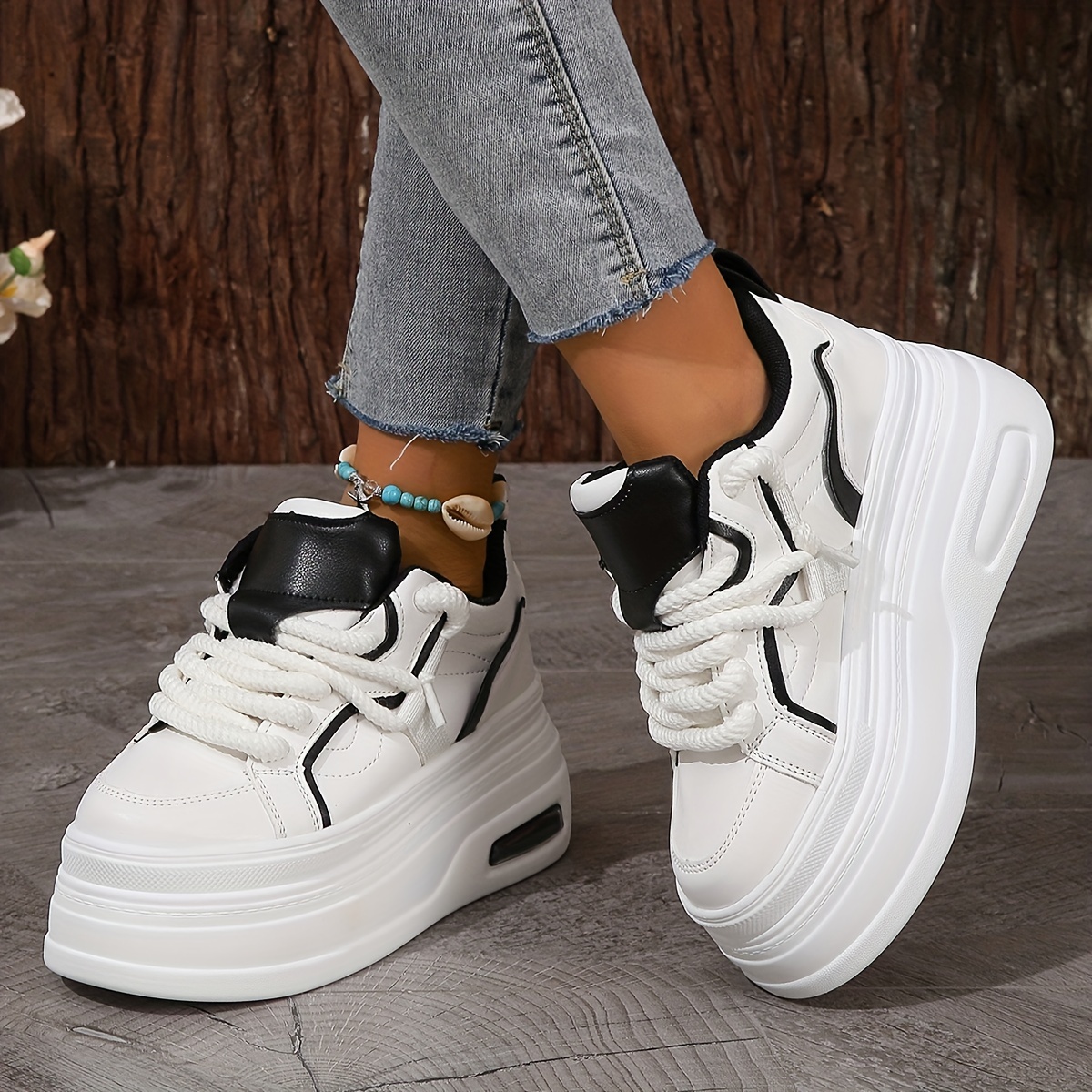 womens trendy platform sneakers heightening lace up low top skate shoes stylish air cushion wedge trainers details 6