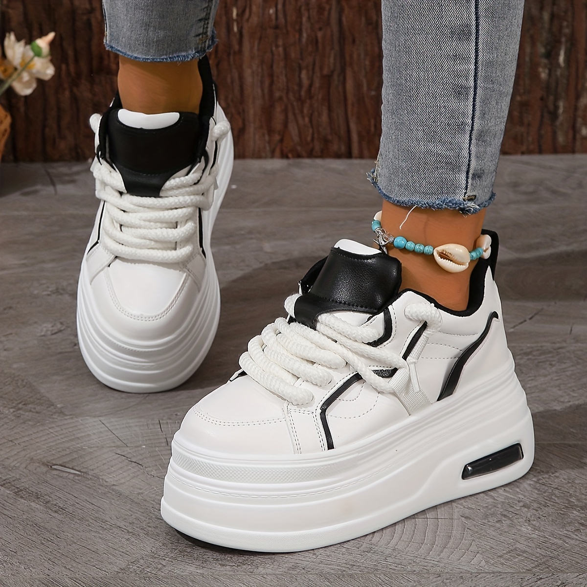 womens trendy platform sneakers heightening lace up low top skate shoes stylish air cushion wedge trainers details 7