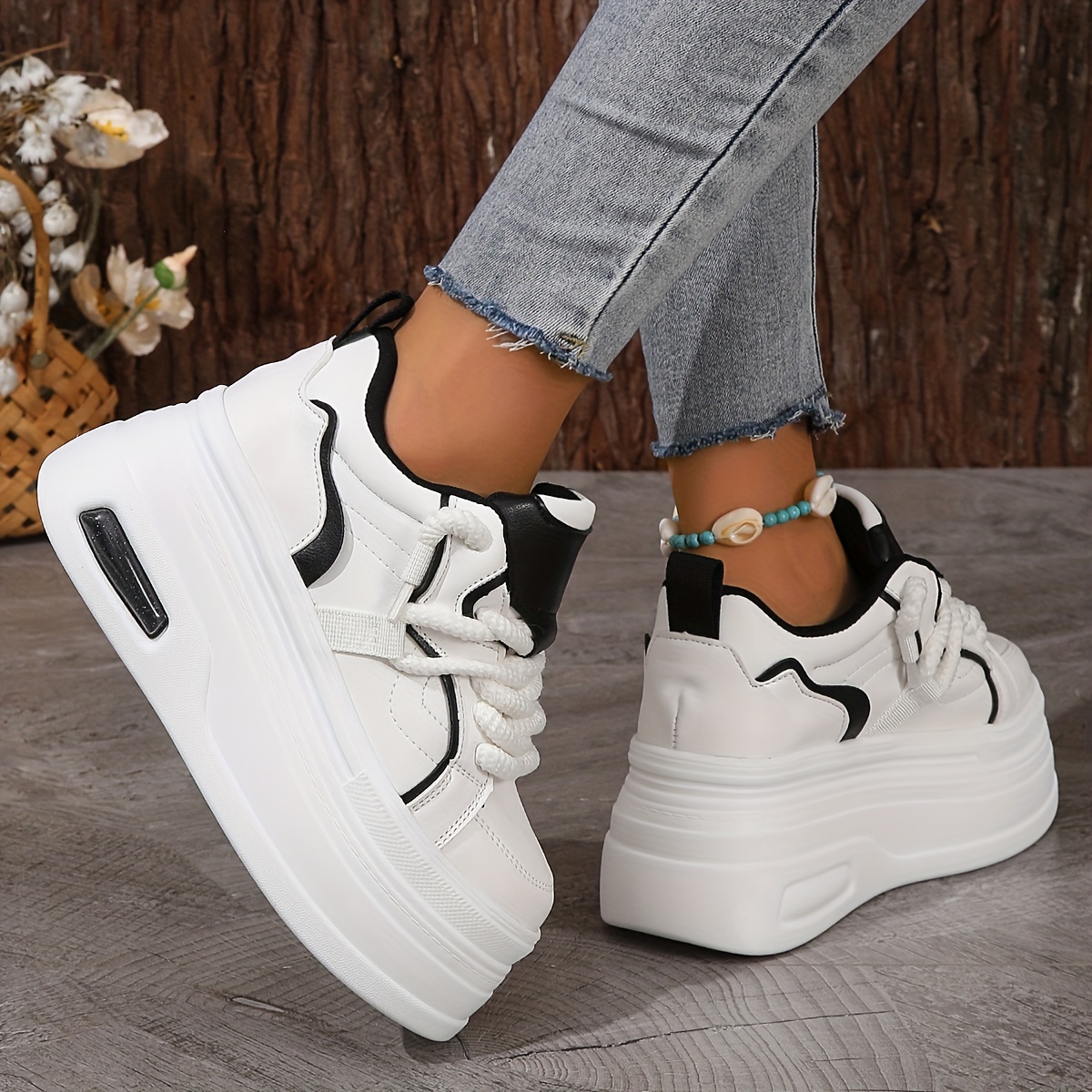 womens trendy platform sneakers heightening lace up low top skate shoes stylish air cushion wedge trainers details 8