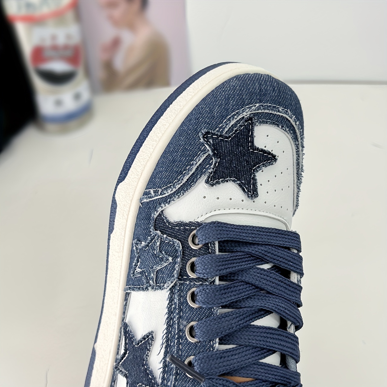 womens stars decor casual sneakers lace up comfy platform soft sole skate shoes versatile low top denim shoes details 2