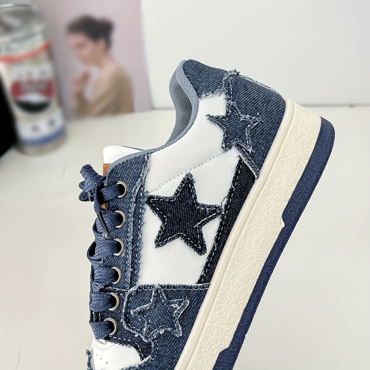 womens stars decor casual sneakers lace up comfy platform soft sole skate shoes versatile low top denim shoes details 3