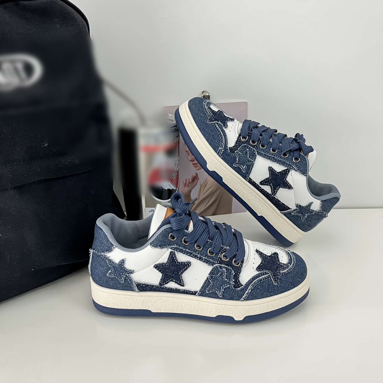 womens stars decor casual sneakers lace up comfy platform soft sole skate shoes versatile low top denim shoes details 6