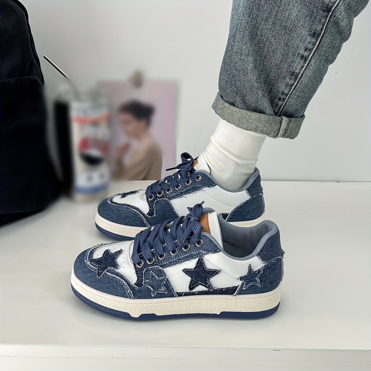 womens stars decor casual sneakers lace up comfy platform soft sole skate shoes versatile low top denim shoes details 8