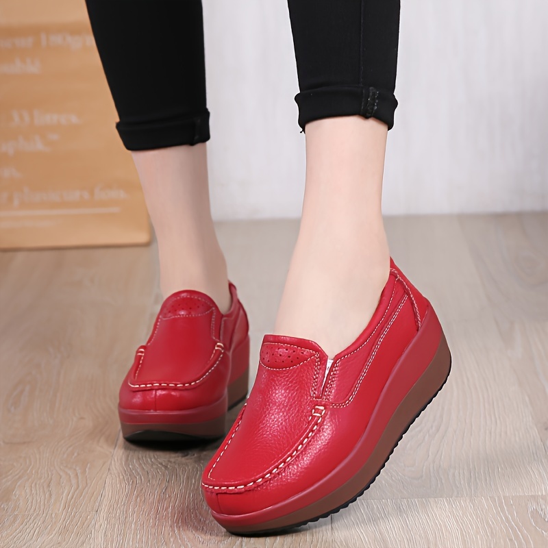 Women s Solid Color Casual Sneakers, Soft Sole Platform Slip On Shallow Mouth Shoes, Closed Toe Walking Wedge Shoes details 3