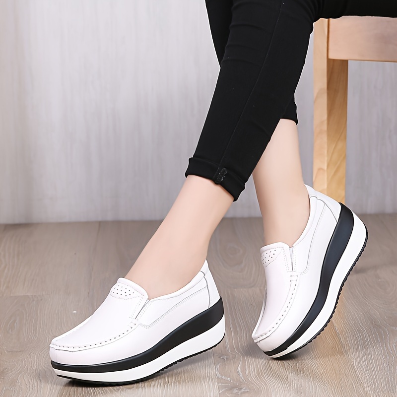 Women s Solid Color Casual Sneakers, Soft Sole Platform Slip On Shallow Mouth Shoes, Closed Toe Walking Wedge Shoes details 5