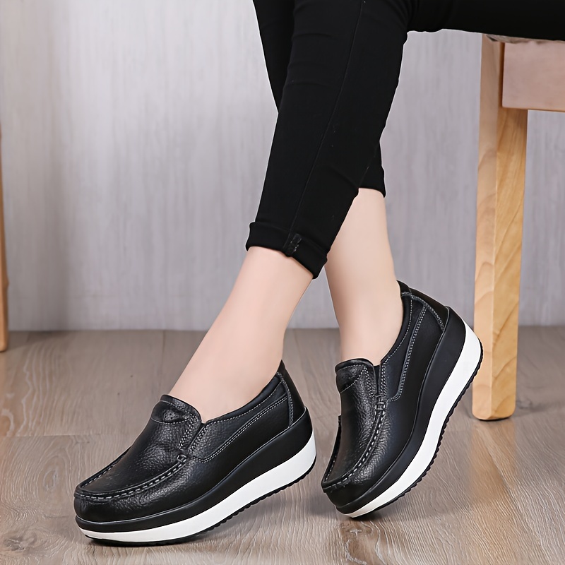 Women s Solid Color Casual Sneakers, Soft Sole Platform Slip On Shallow Mouth Shoes, Closed Toe Walking Wedge Shoes details 9