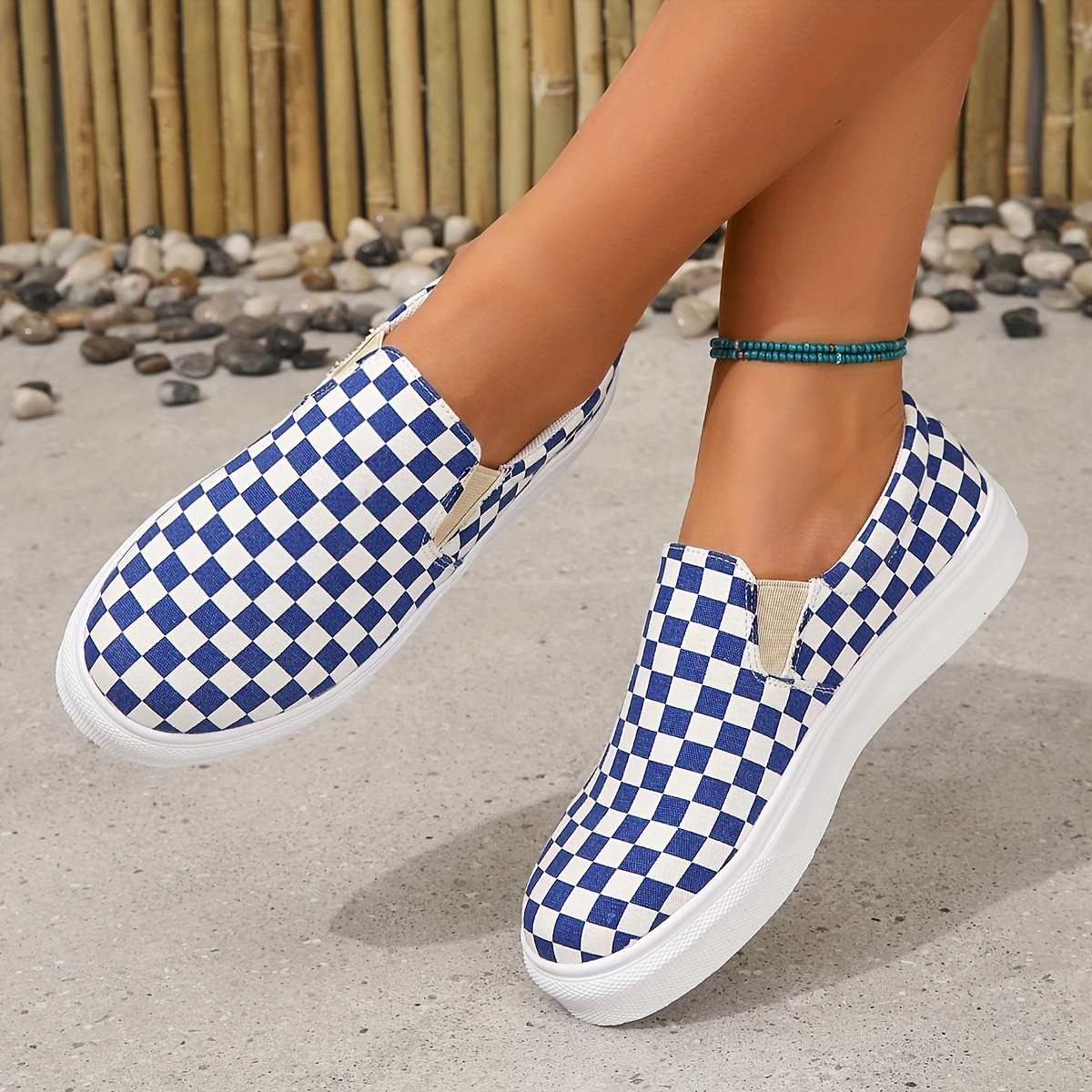 womens checkboard pattern flat shoes slip on low top round toe non slip canvas shoes outdoor casual comfy shoes details 8