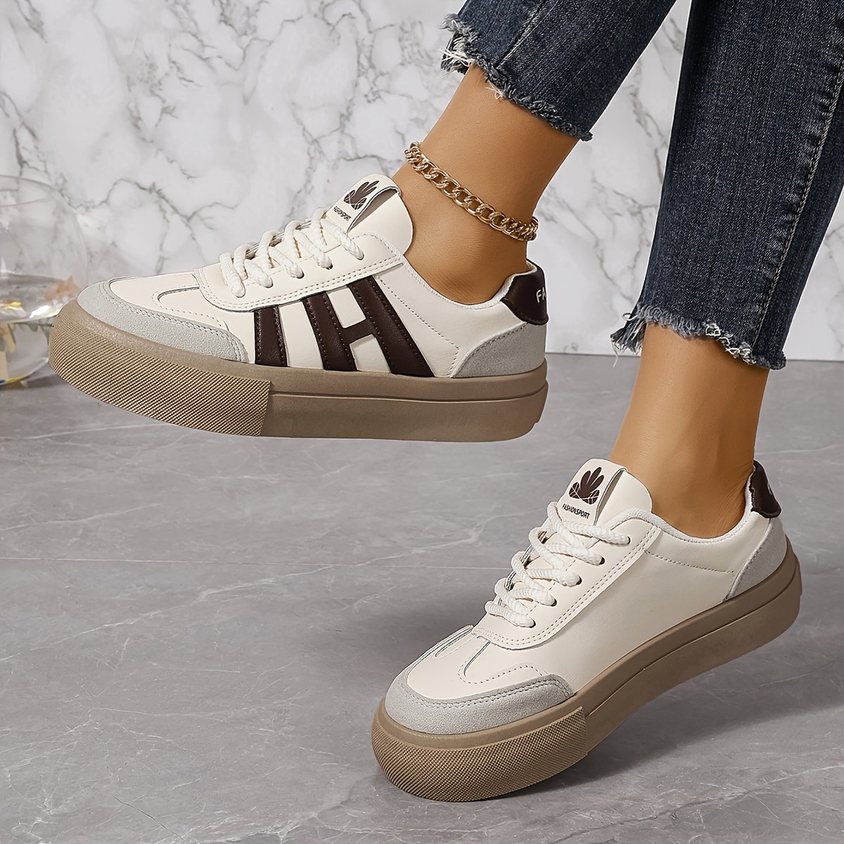 Women s Colorblock Trendy Sneakers, Lace Up Soft Sole Platform Skate Shoes, Versatile Low-top Shoes details 7