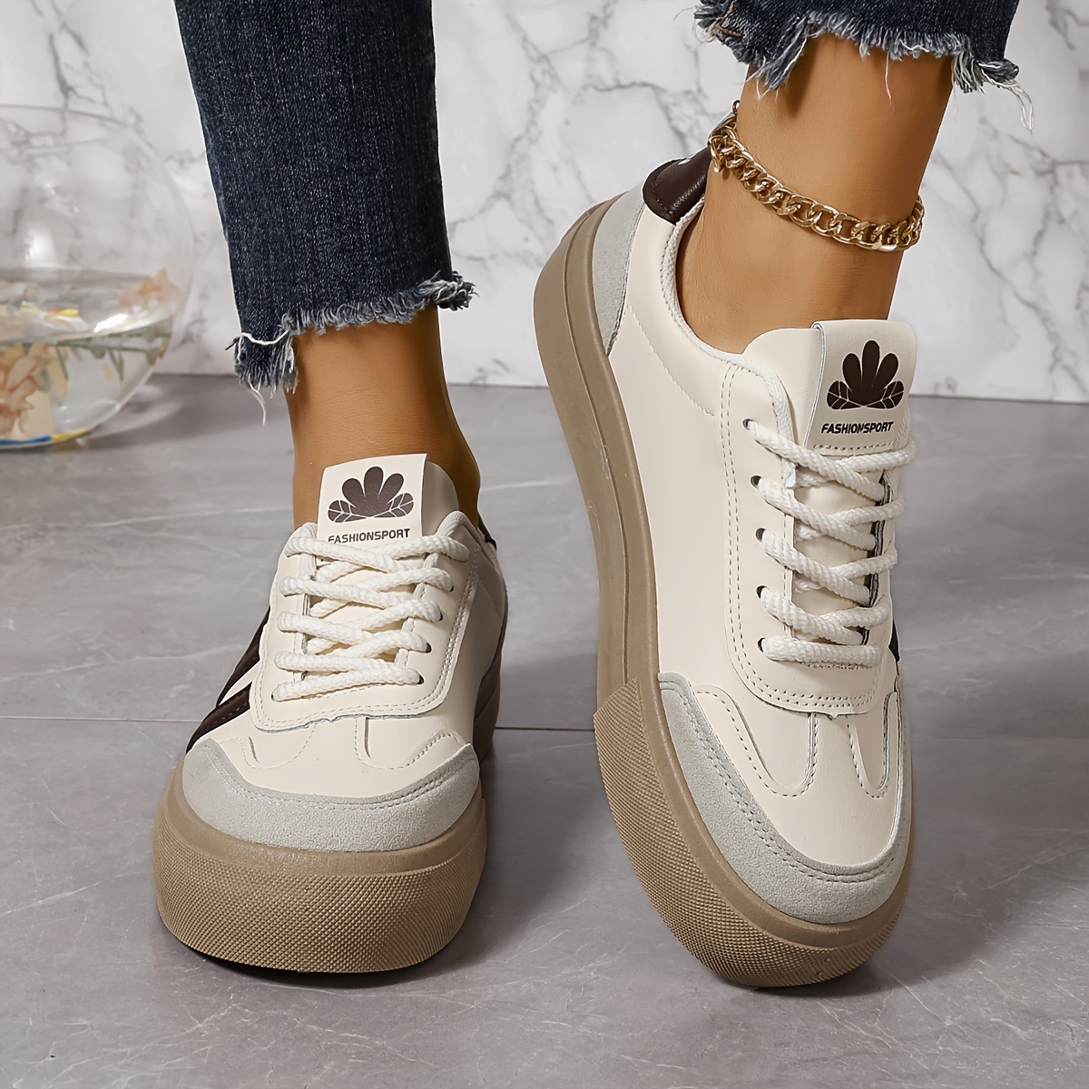 Women s Colorblock Trendy Sneakers, Lace Up Soft Sole Platform Skate Shoes, Versatile Low-top Shoes details 9