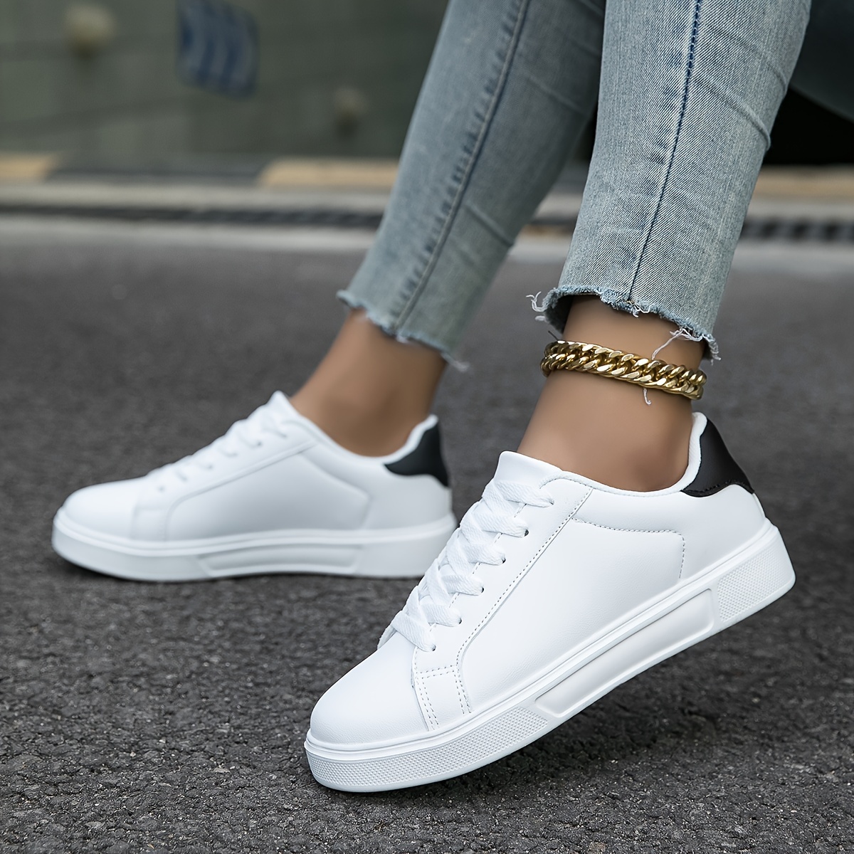 womens flat skate shoes round toe lace up low top sneakers casual all match walking trainers details 1