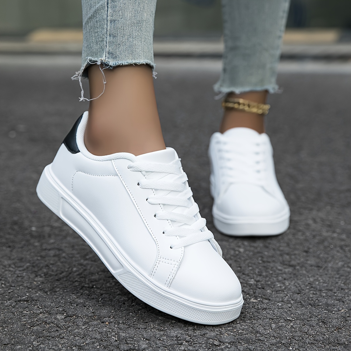 womens flat skate shoes round toe lace up low top sneakers casual all match walking trainers details 2