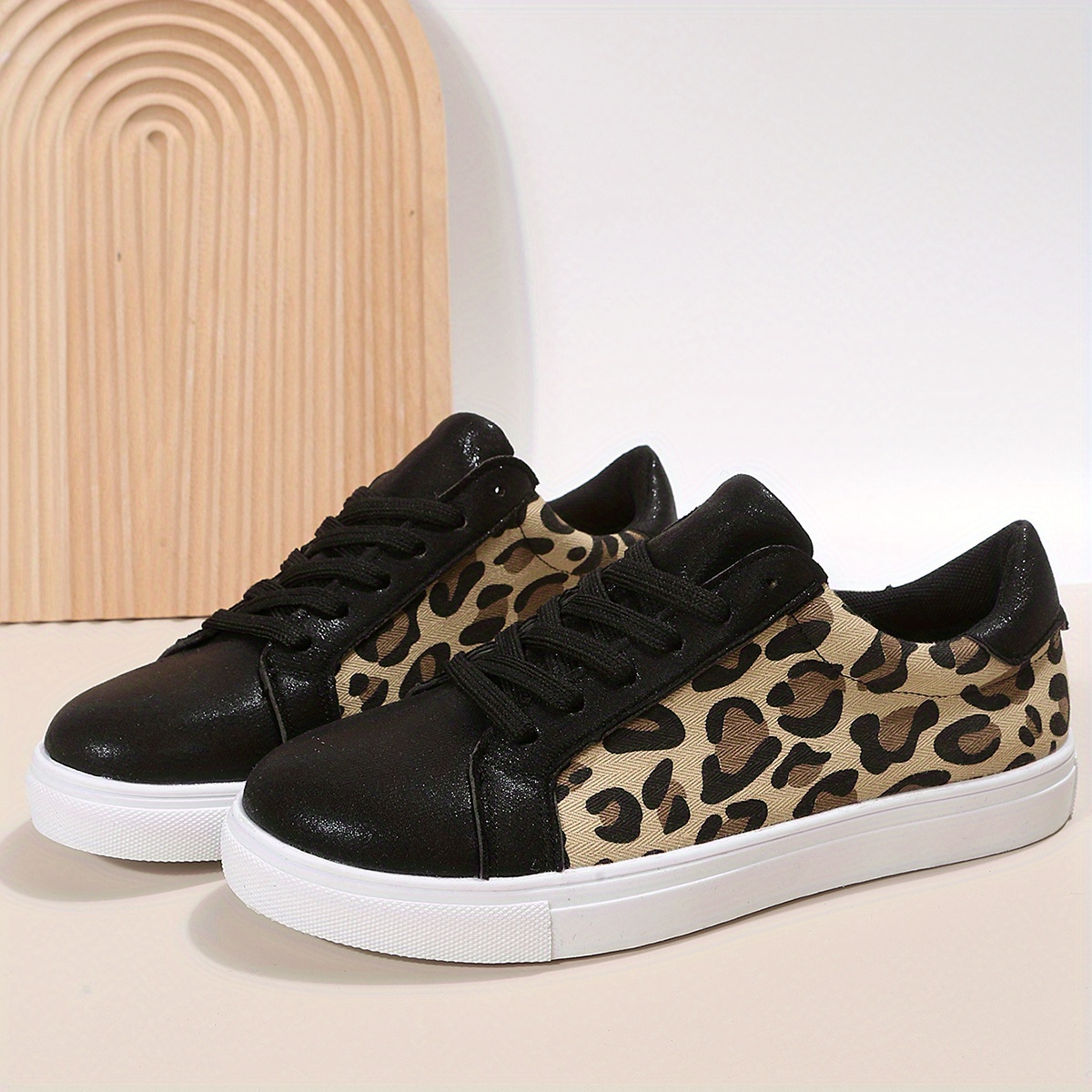 womens leopard printed skate shoes fashion lace up low top sneakers casual walking shoes details 8