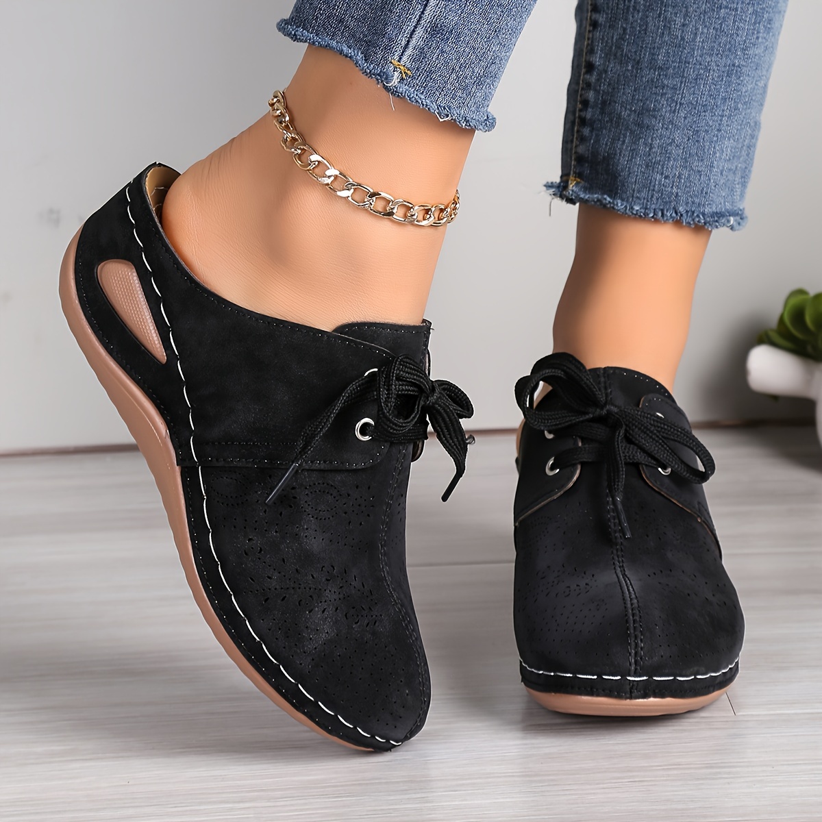 Women s Solid Color Casual Sandals, Lace Up Soft Sole Platform Closed Toe Shoes, Low Wedge Versatile Shoes details 0