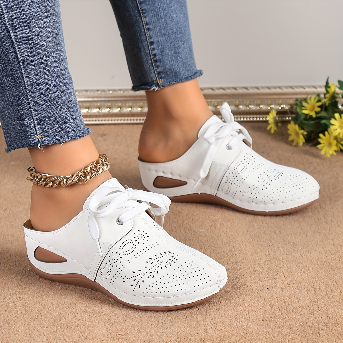 Women s Solid Color Casual Sandals, Lace Up Soft Sole Platform Closed Toe Shoes, Low Wedge Versatile Shoes details 1